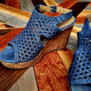 ⚠️ 2/$20 - GUC Denim Metallic Cork Wedge Heels